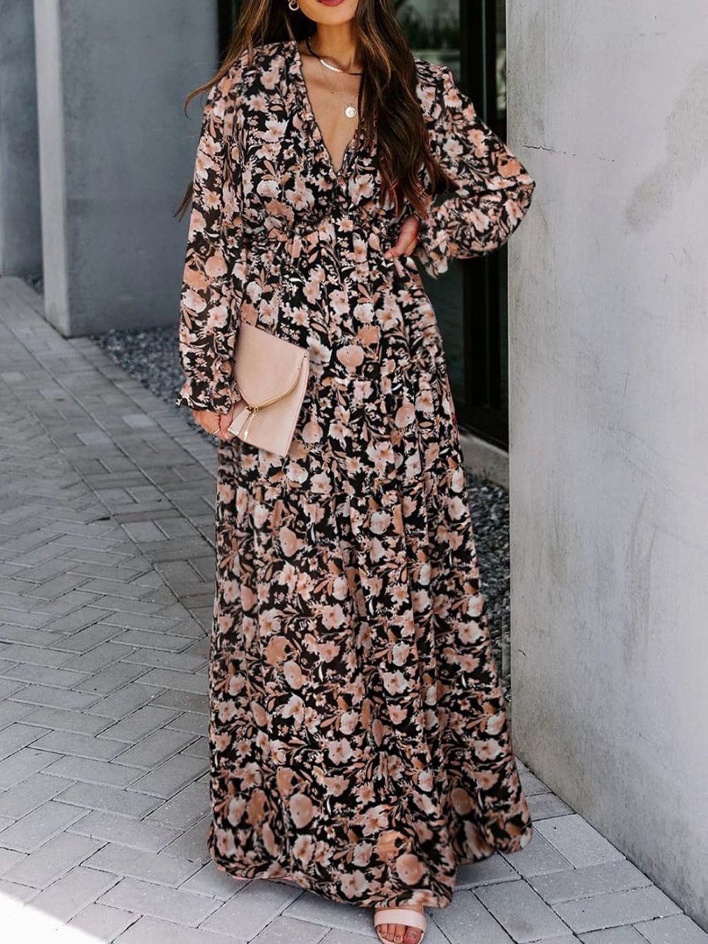 Floral Long Sleeve V-Neck Maxi Dress in Black & Blush